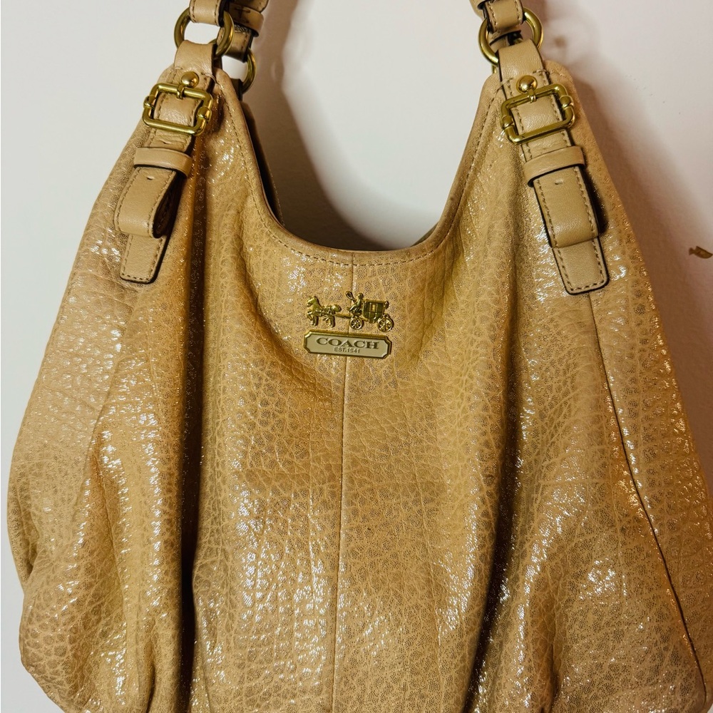 Coach Gold-Tan Textured Madison Maggie shoulder bag.